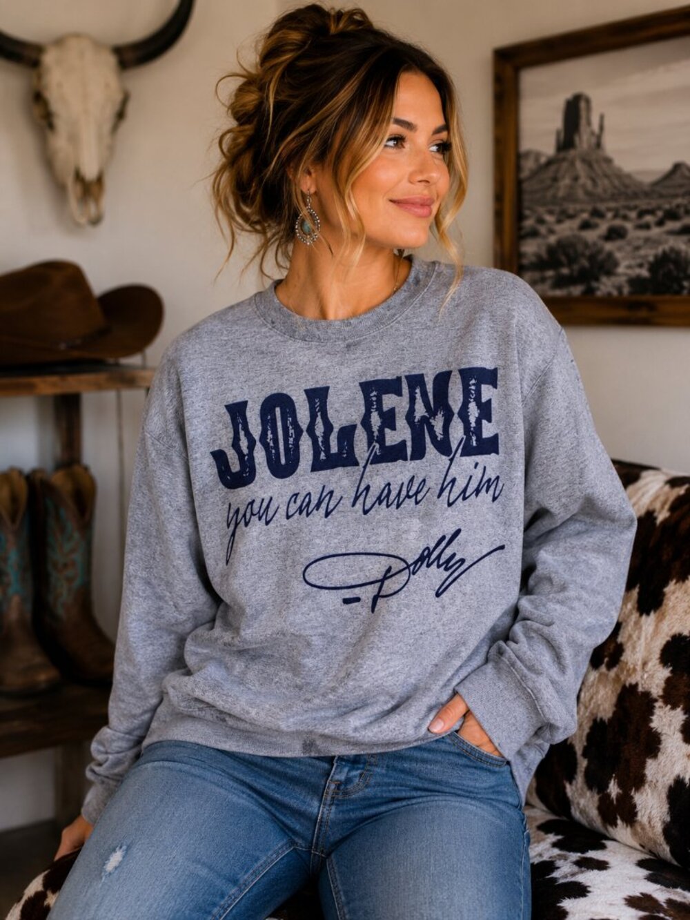Jolene Western Dolly Parton Womens Custom Gray Crewneck Graphic Sweatshirt Top